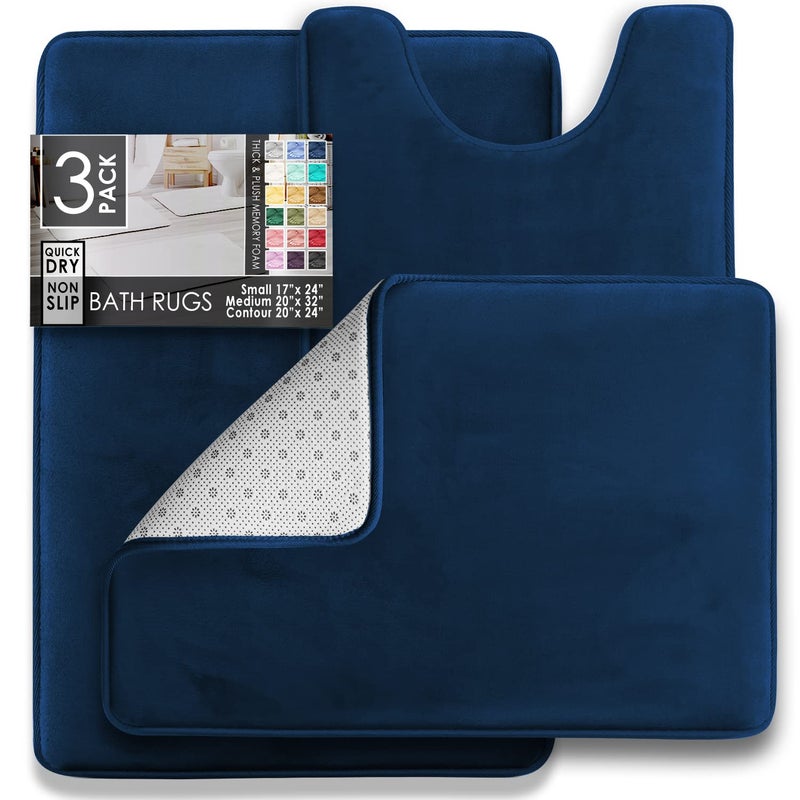 Clara Clark 3 Piece Bathroom Rugs Bath Mat Set, Velvet Memory Foam Bath Mats for Bathroom - Non-Slip, PVC Backing Bath Rugs, Washable - Dries Quickly, Blue - Image 2